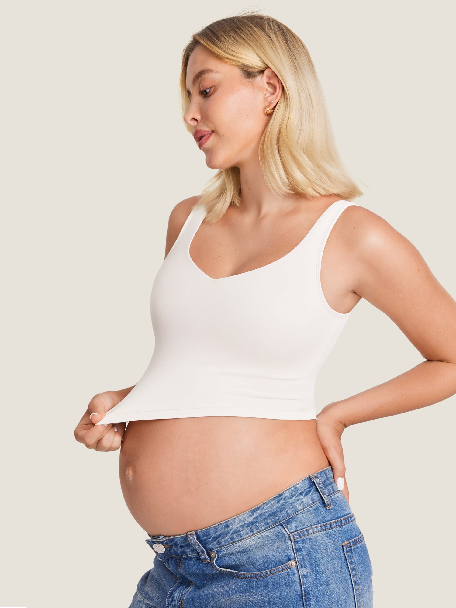 MOMANDA Women's Natrelax® Nursing Crop Tank Top - V Neck Iceland White