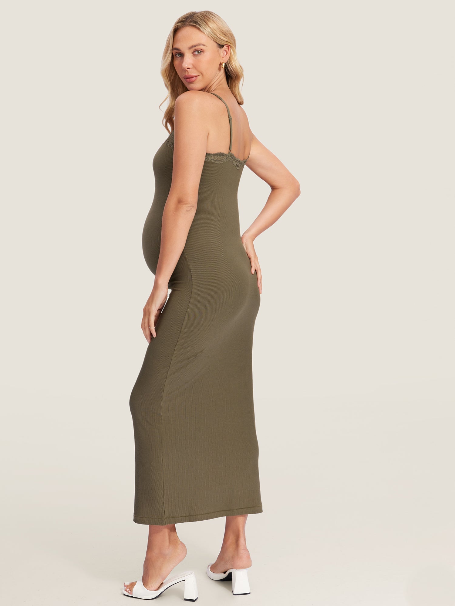 Lacy Ribbed Maternity & Nursing Dress Desert Olive