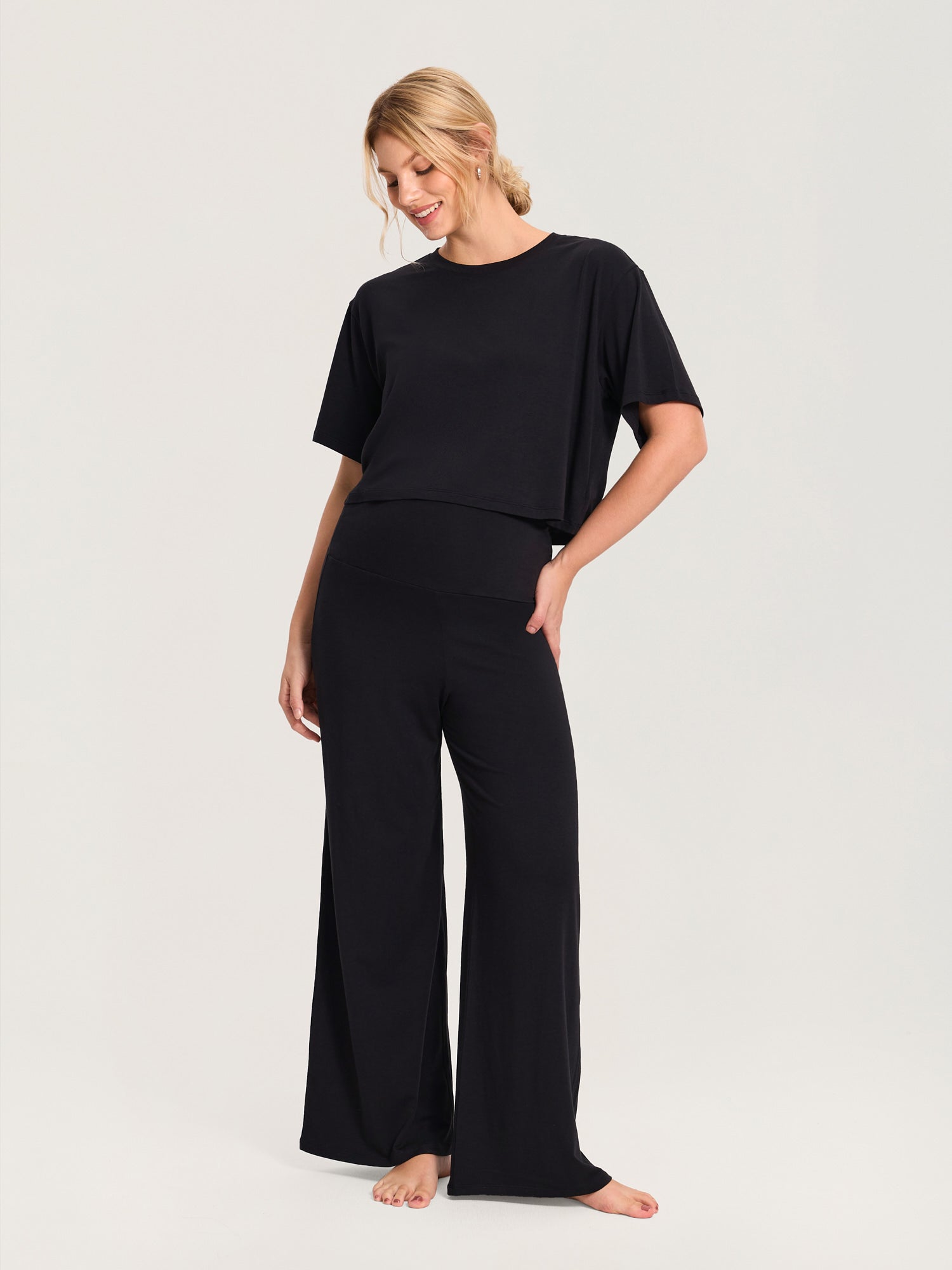 Modal Cotton Foldover Wide-Leg Pants