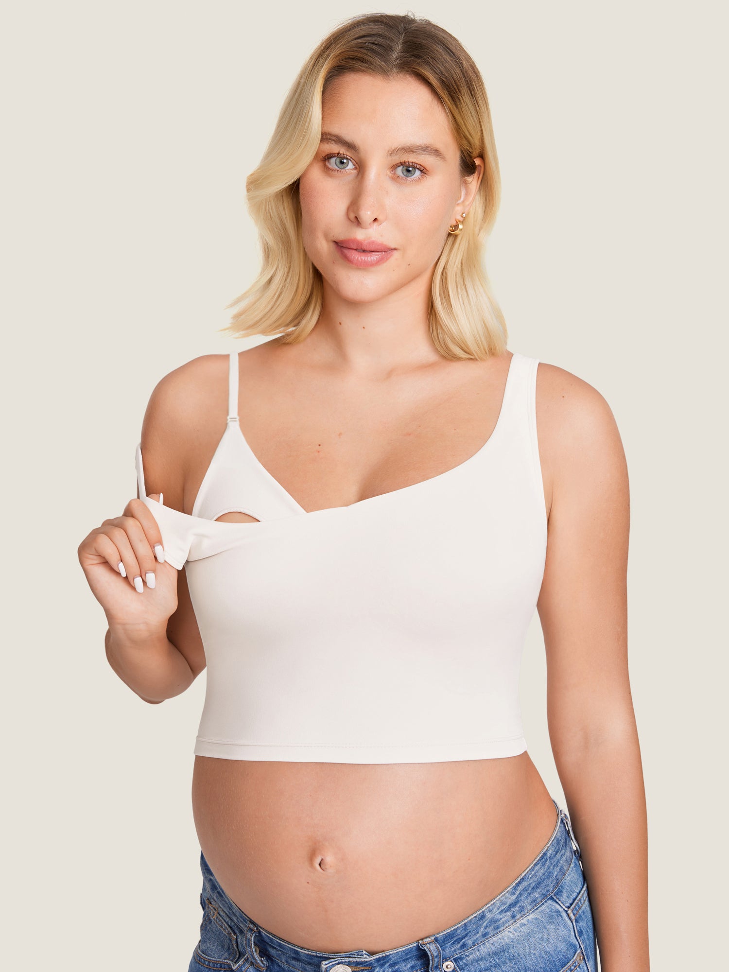 MOMANDA Women's Natrelax® Nursing Crop Tank Top - V Neck Iceland White