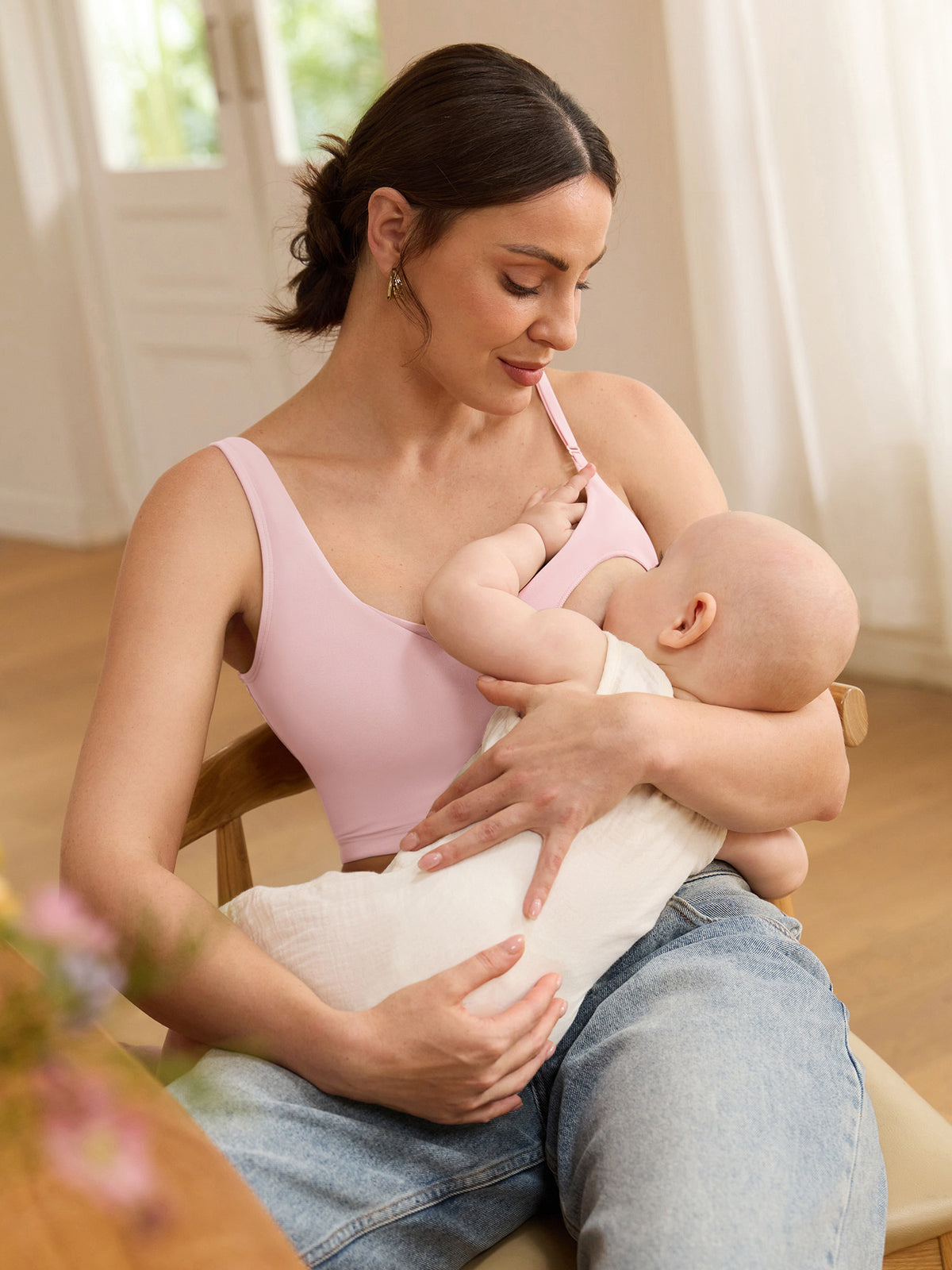 MOMANDA Women's Natrelax® Nursing Crop Tank Top - V Neck Strawberry Pink @model_info:MOMBJ1